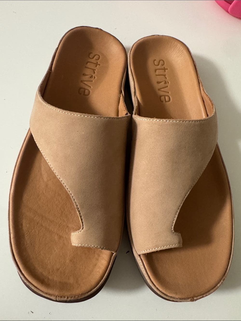 Strive Women's Tan Slide Sandals with Suede-Like Upper